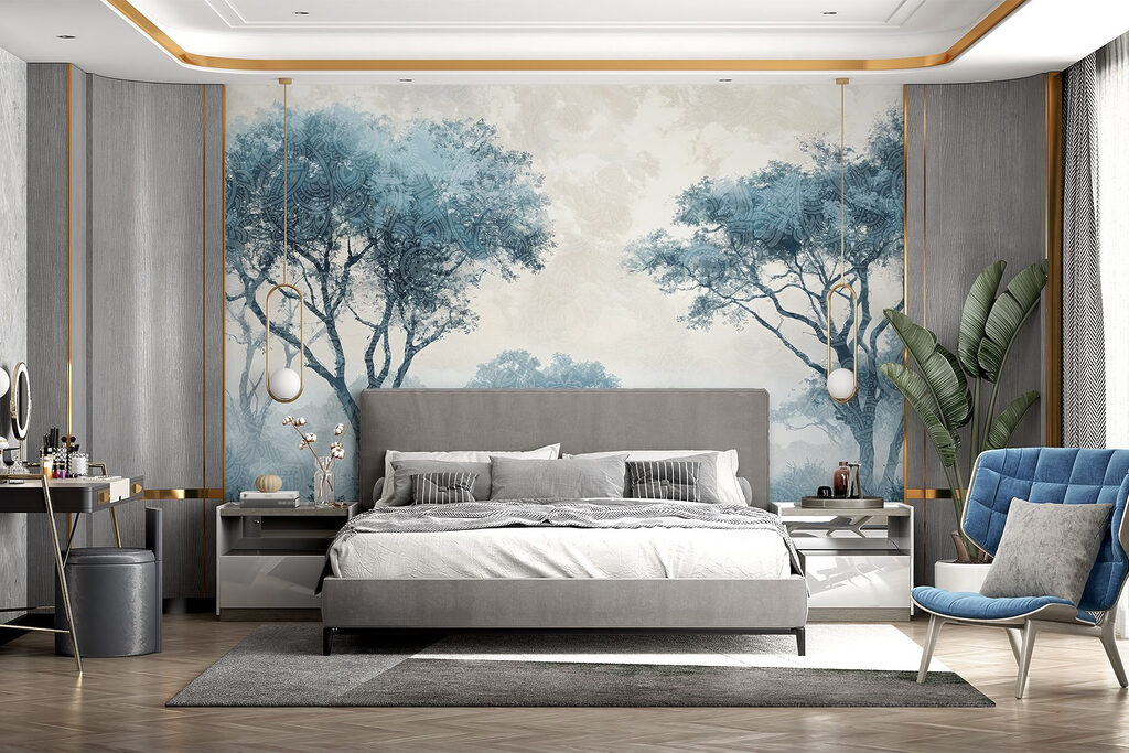 Blauwe boomkruinen langs grasland — interieur 2