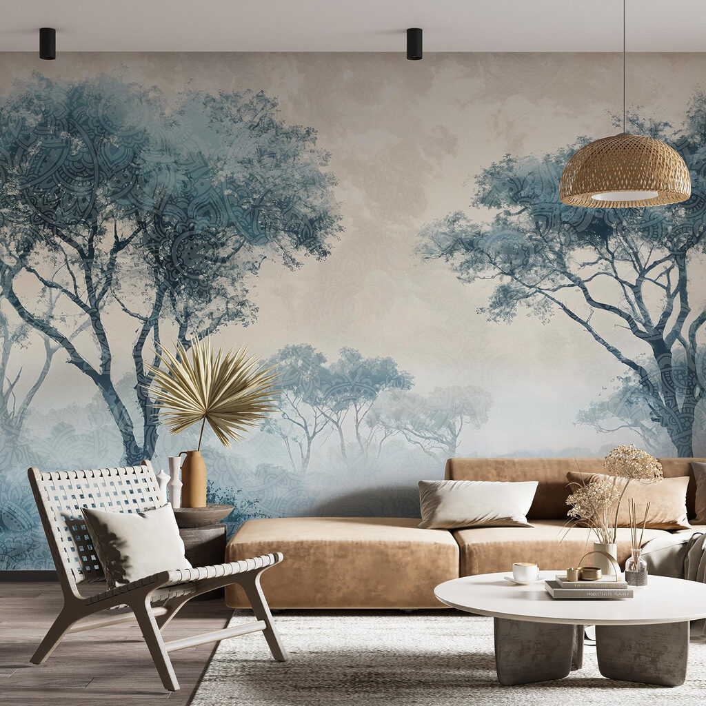 Blauwe boomkruinen langs grasland — interieur 3