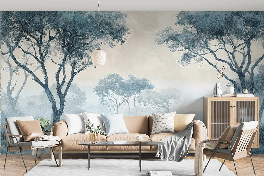 Blauwe boomkruinen langs grasland — interieur 4