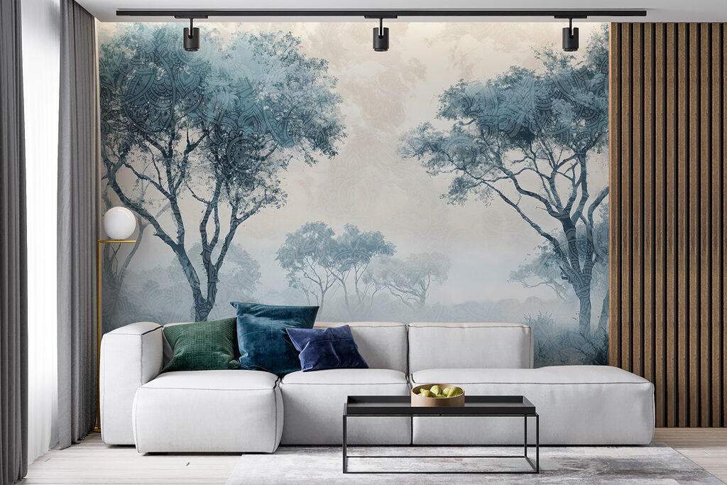 Blauwe boomkruinen langs grasland — interieur 5