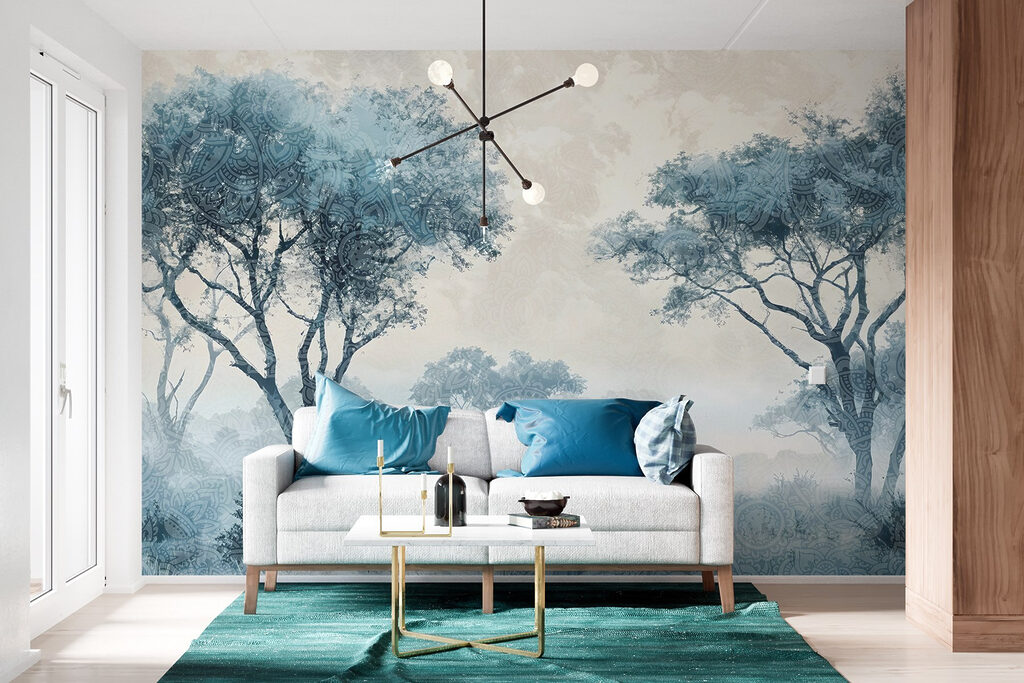 Blauwe boomkruinen langs grasland — interieur 6