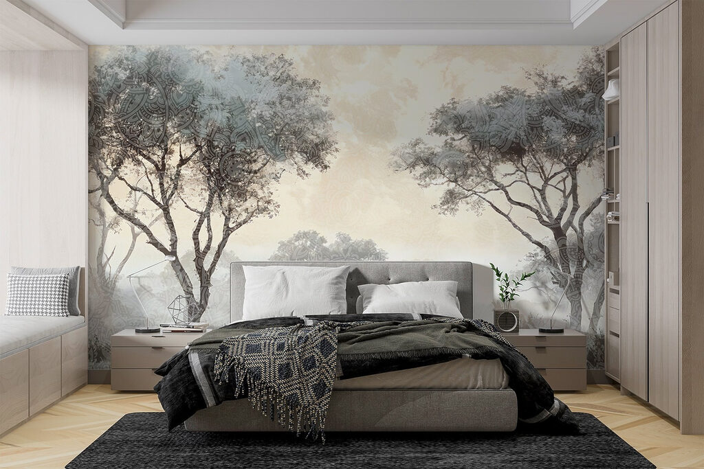 Mistig landschap met bomen en planten in een interieur