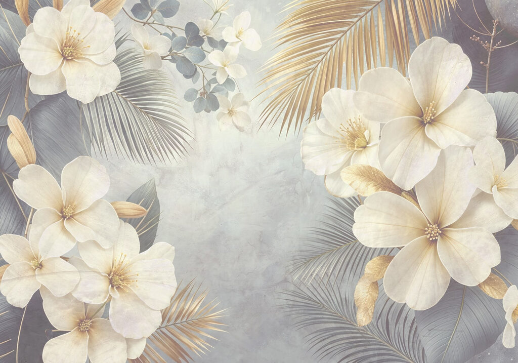 Witte bloemen, gouden waaiers — volledig ontwerp