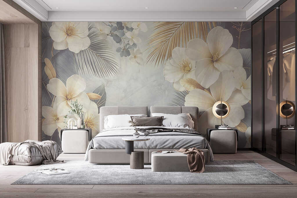 Witte bloemen, gouden waaiers — interieur 1