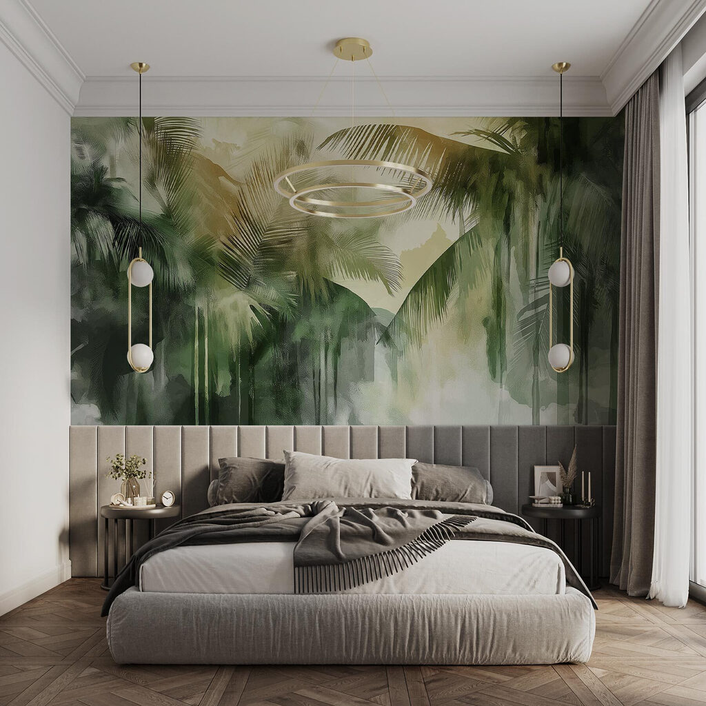 Groene palmen in verfdruppels — interieur 1