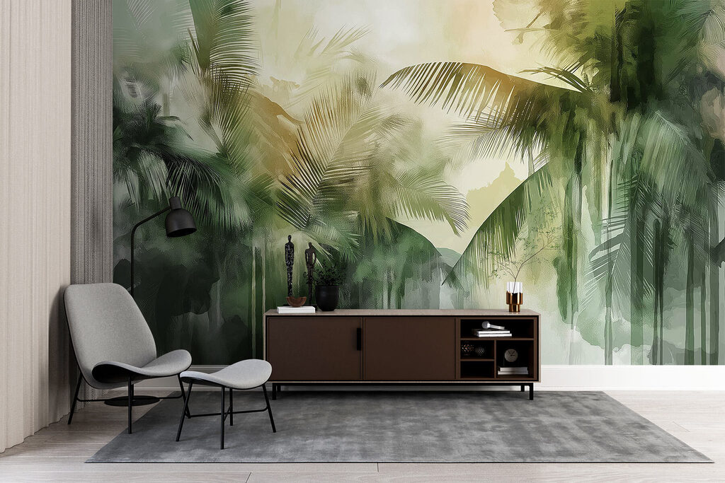Groene palmen in verfdruppels — interieur 4
