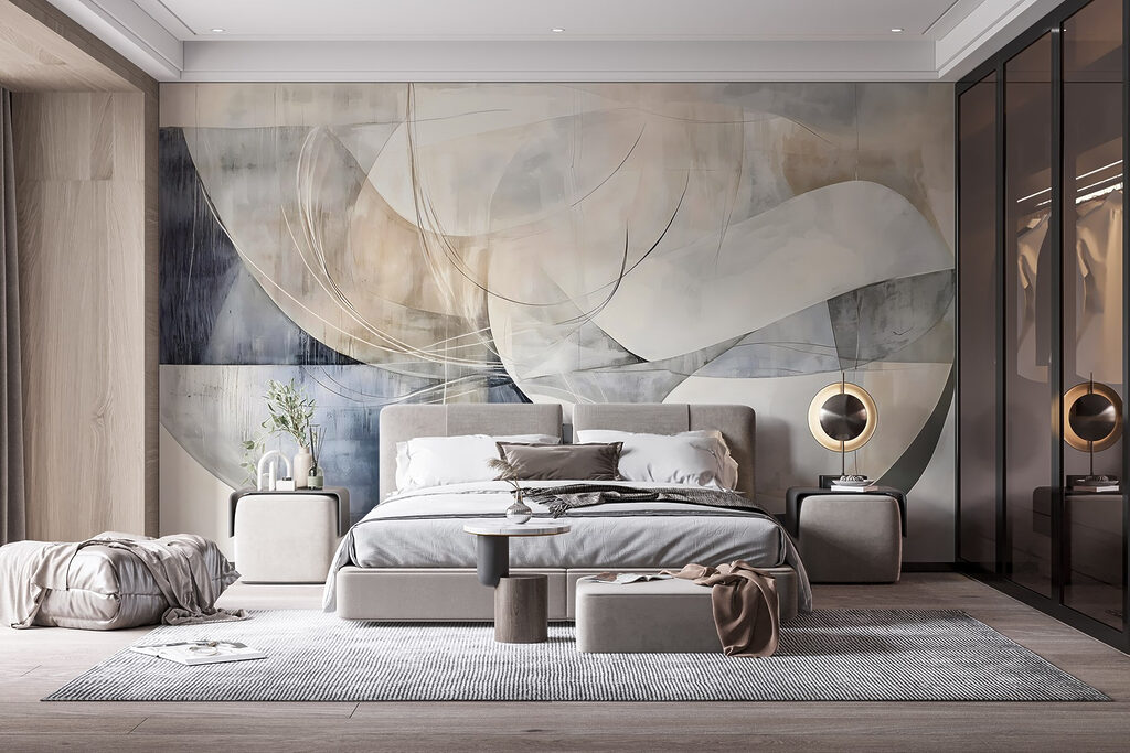 Schilderij van een witte en grijze kunst in een interieur