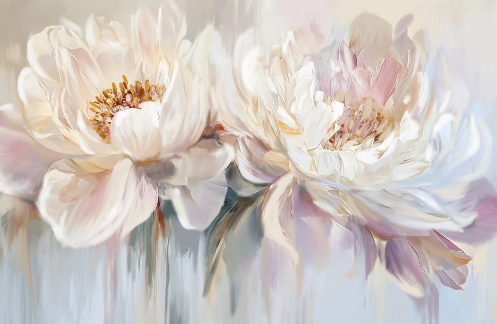 Witte pioenen met pasteldruppels — volledig ontwerp