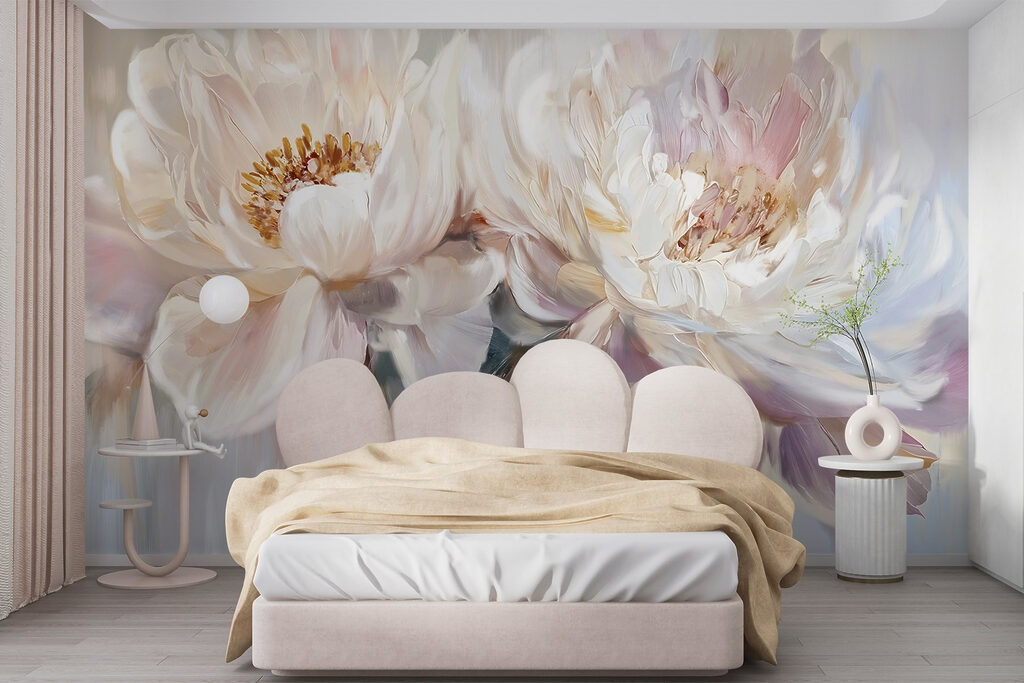 Witte pioenen met pasteldruppels — interieur 1