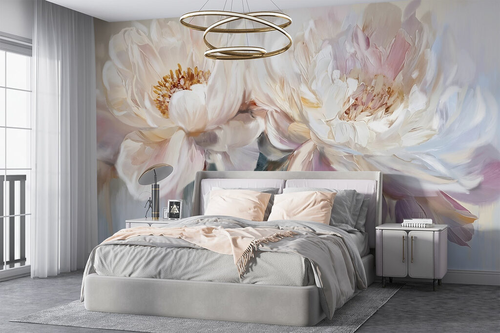 Witte pioenen met pasteldruppels — interieur 2
