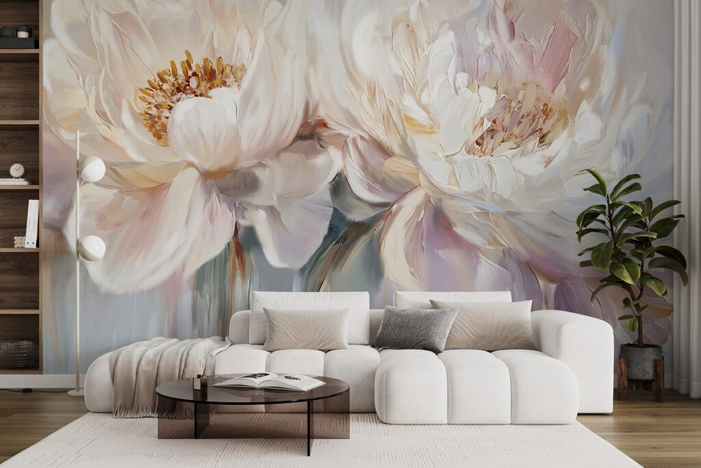 Witte pioenen met pasteldruppels — interieur 3