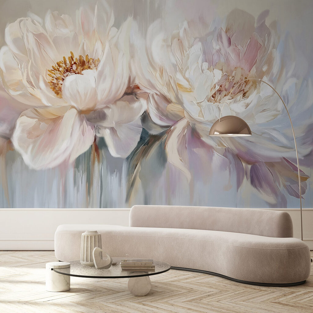 Witte pioenen met pasteldruppels — interieur 4