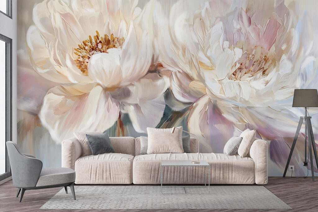Witte pioenen met pasteldruppels — interieur 5