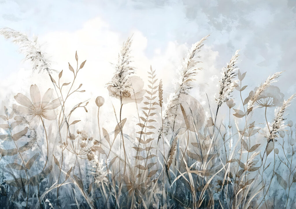 Veldbloemen in blauwe nevel — volledig ontwerp