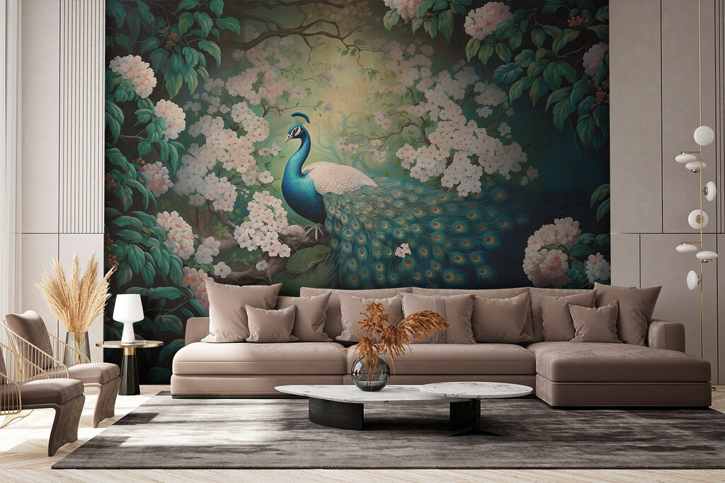 Schilderij van een pauw op een boomtak in een interieur
