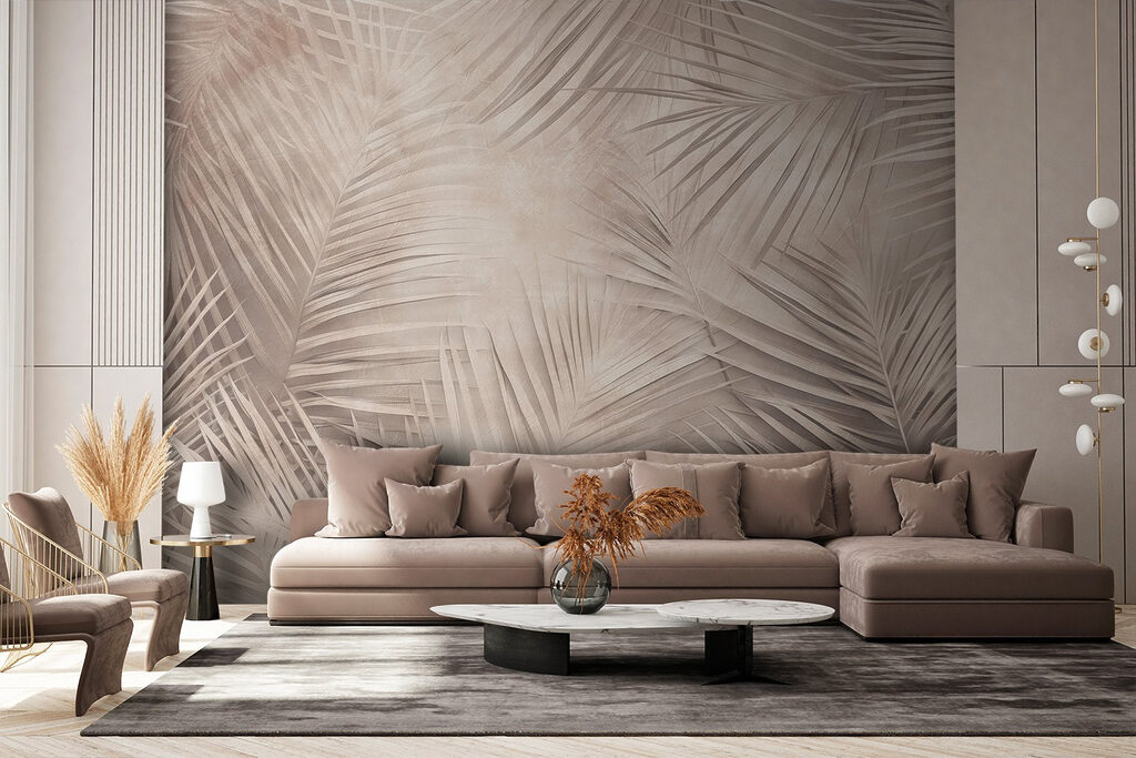 Fijne palmbladeren op taupe — interieur 1