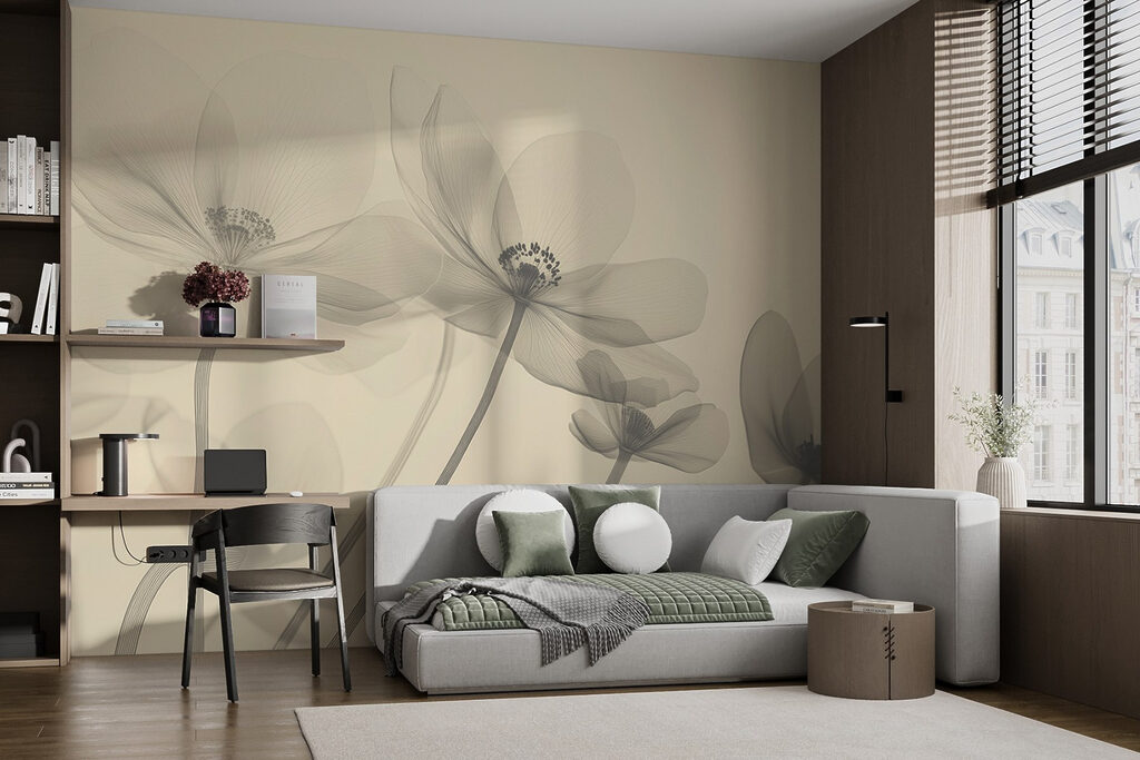 Transparante bloemen op lichtgeel — interieur 1