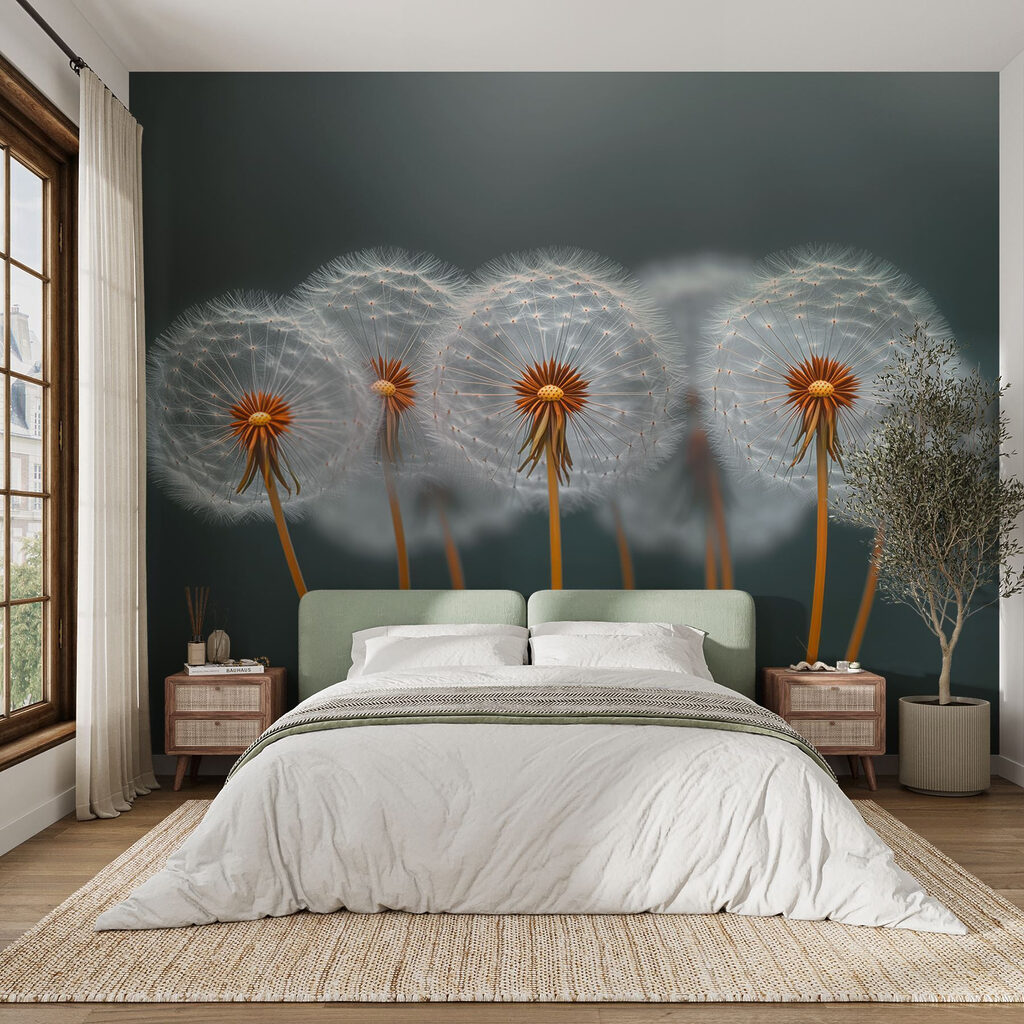 Zaadpluizen op oranje stelen — interieur 4