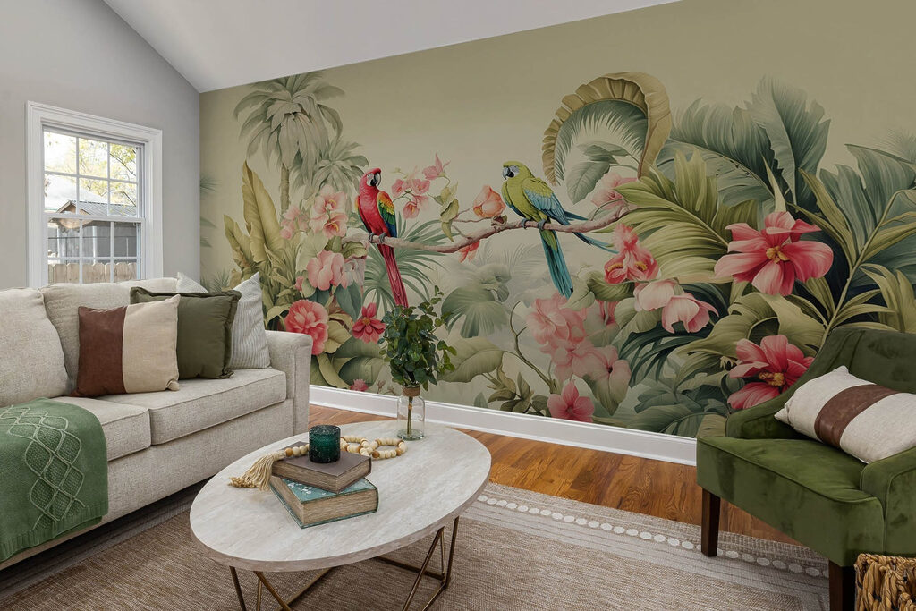 Paar papegaaien op een tak met bloemen in een interieur