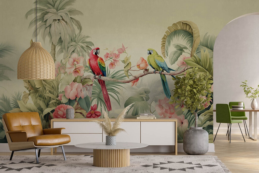 Paar papegaaien op een tak met bloemen — interieur 2