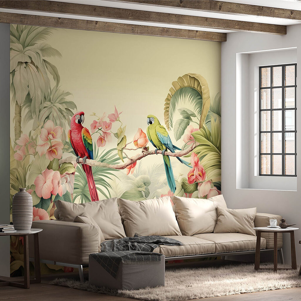 Paar papegaaien op een tak met bloemen — interieur 3