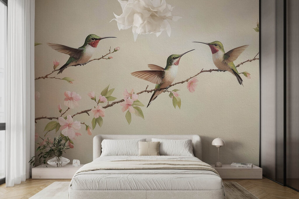 Kolibries boven fijne bloesem — interieur 1