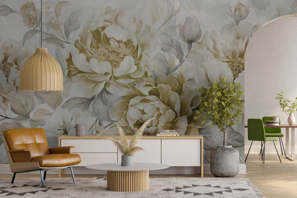 Pioenen in olijfgroene aquarel — interieur 1