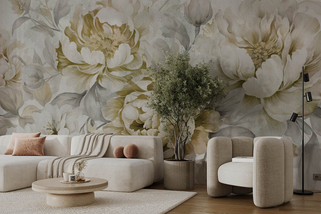 Pioenen in olijfgroene aquarel — interieur 2