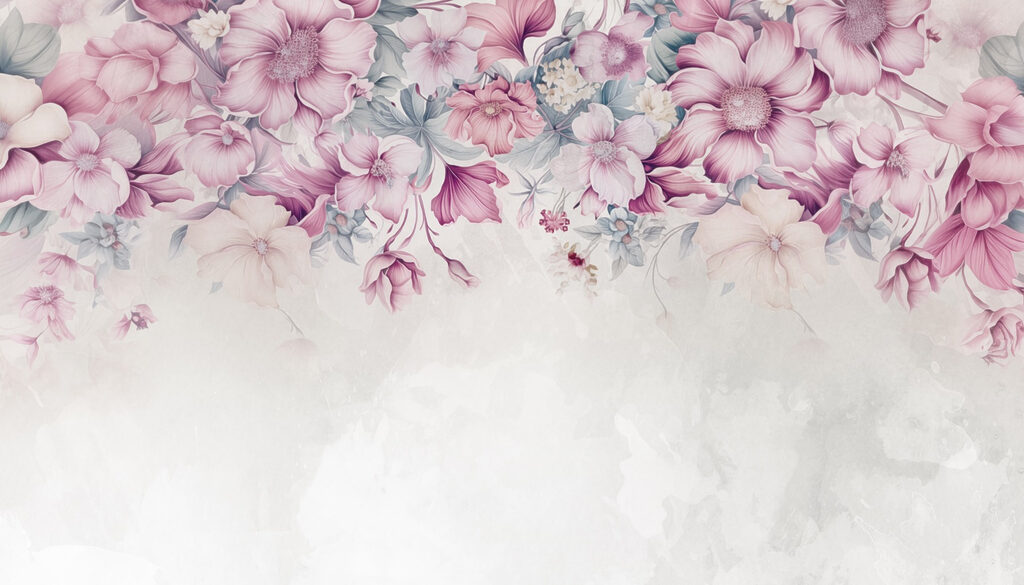 Roze bloemen langs bovenranden — volledig ontwerp