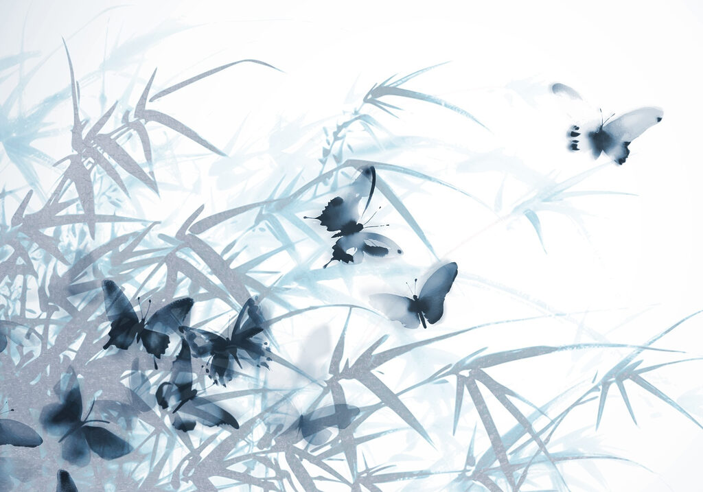 Vlinders tussen blauwe bamboeschaduw — volledig ontwerp