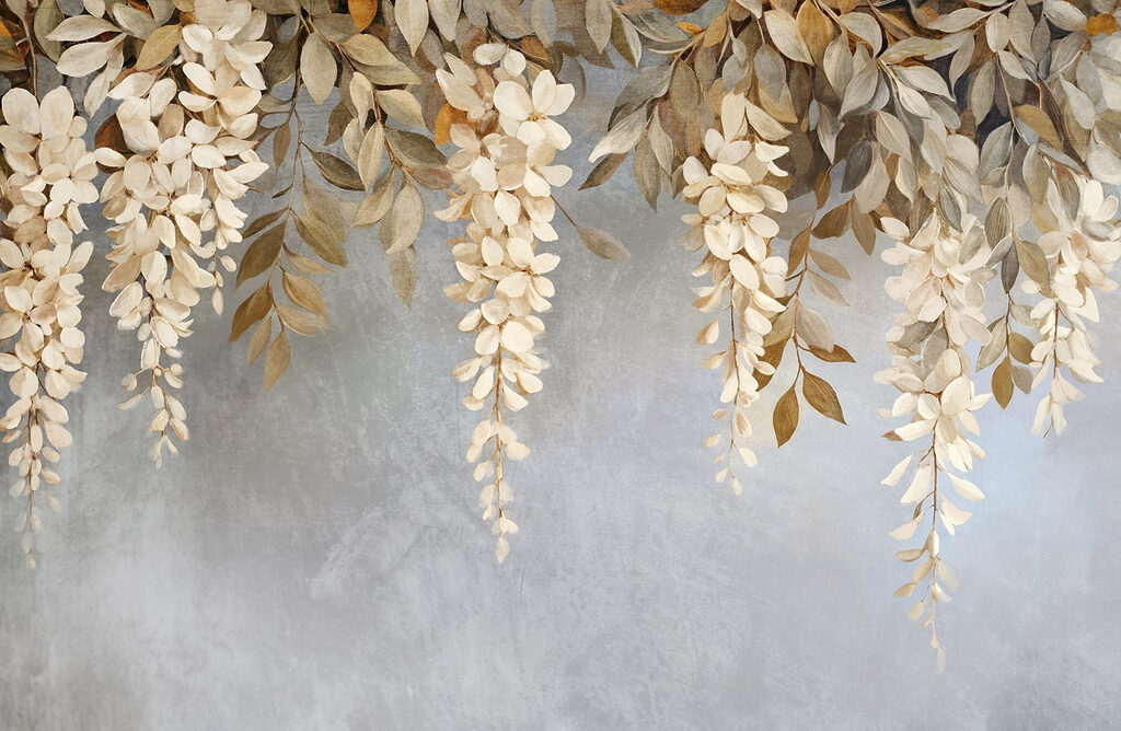 Witte hangbloemen boven lavendel — volledig ontwerp