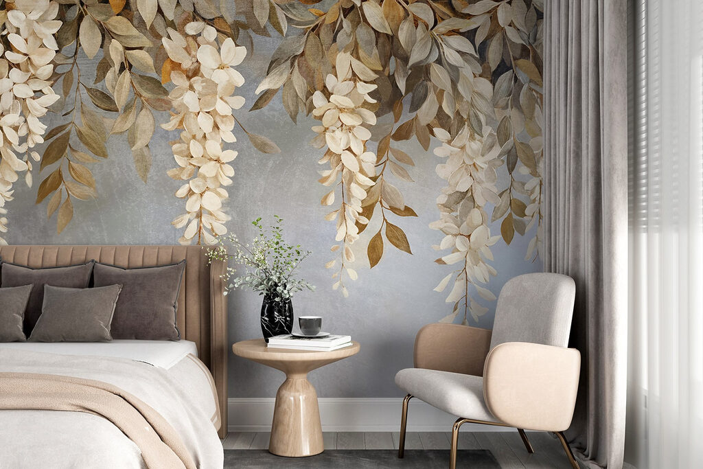 Witte hangbloemen boven lavendel — interieur 1