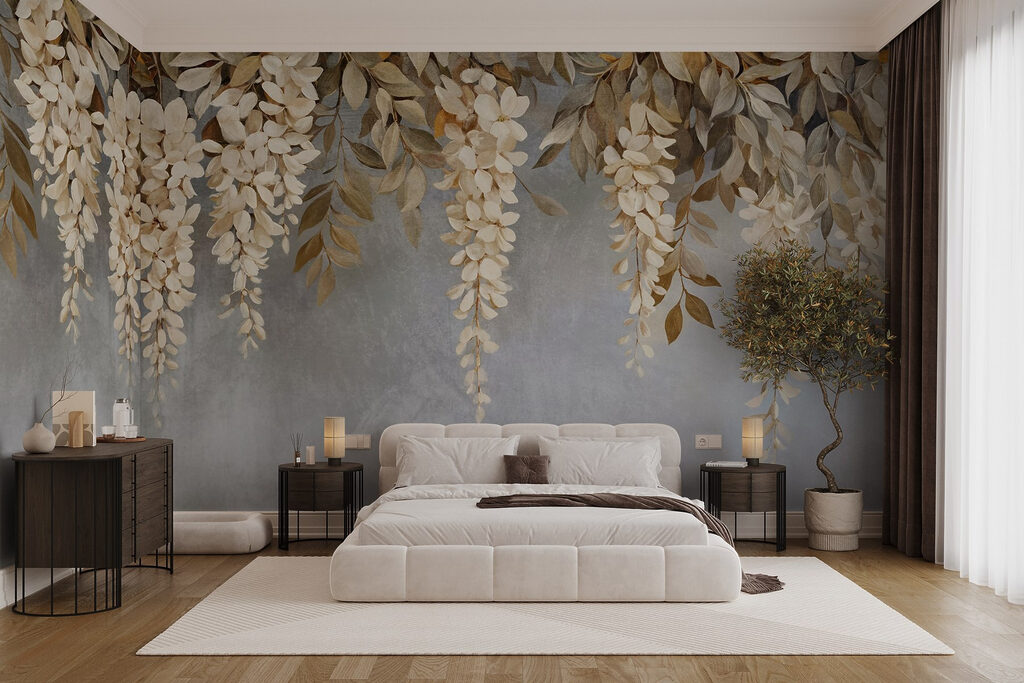Witte hangbloemen boven lavendel — interieur 2