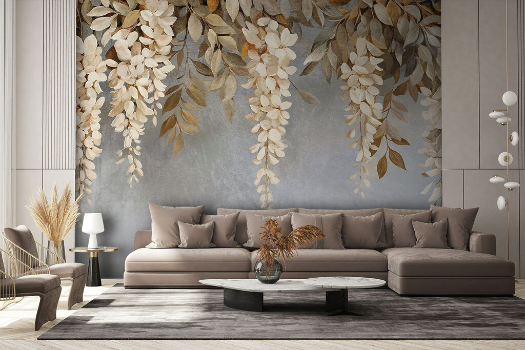 Witte hangbloemen boven lavendel — interieur 3