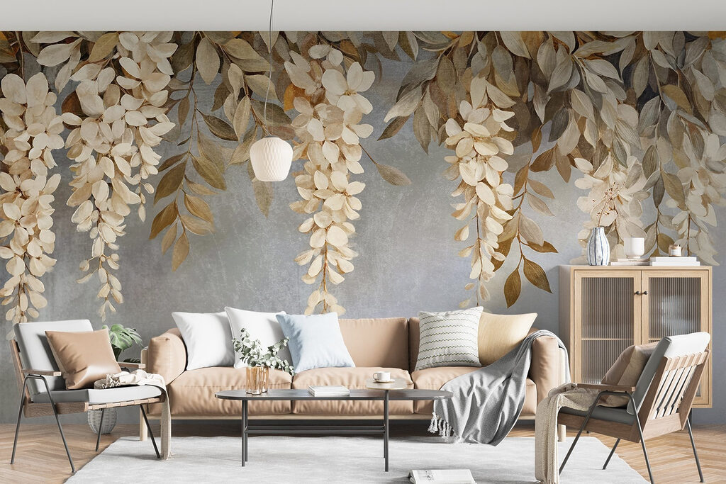 Witte hangbloemen boven lavendel — interieur 4