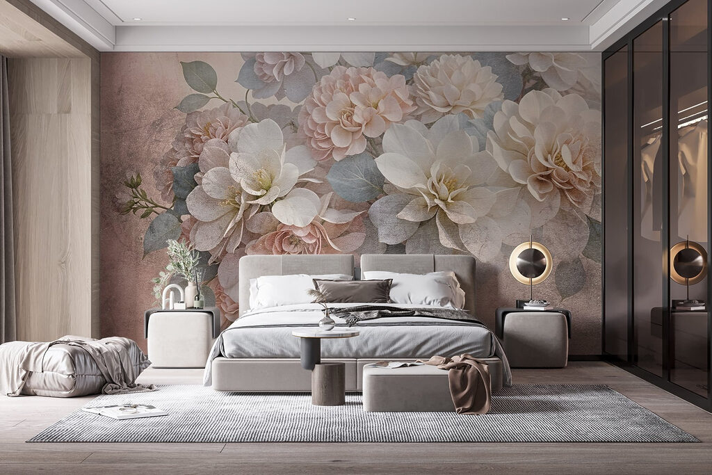 Groep witte en roze bloemen in een interieur