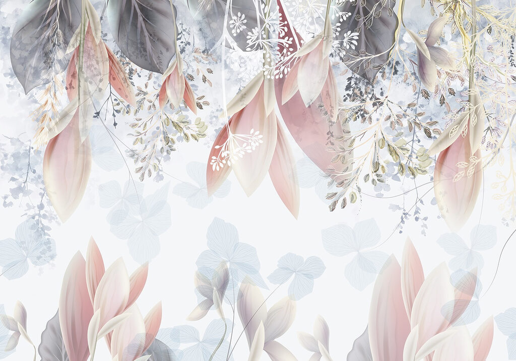 Bladeren hangen boven pastelbloemen — volledig ontwerp