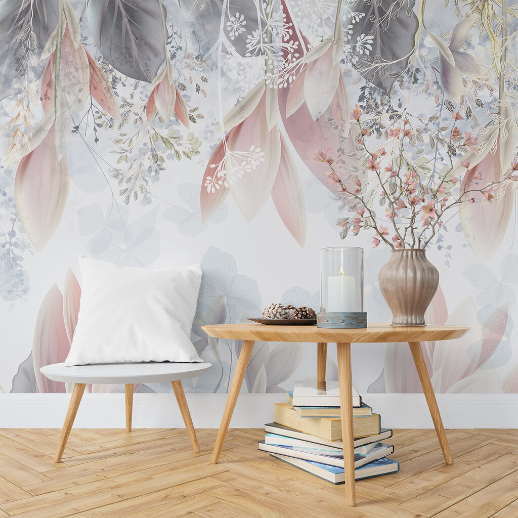Bladeren hangen boven pastelbloemen — interieur 5