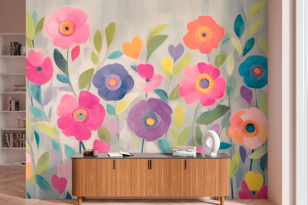 Kleurige bloemen in verfvlakken — interieur 1
