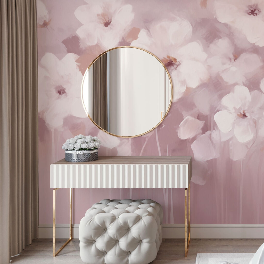 Witte bloemen boven kleurstrepen — interieur 1