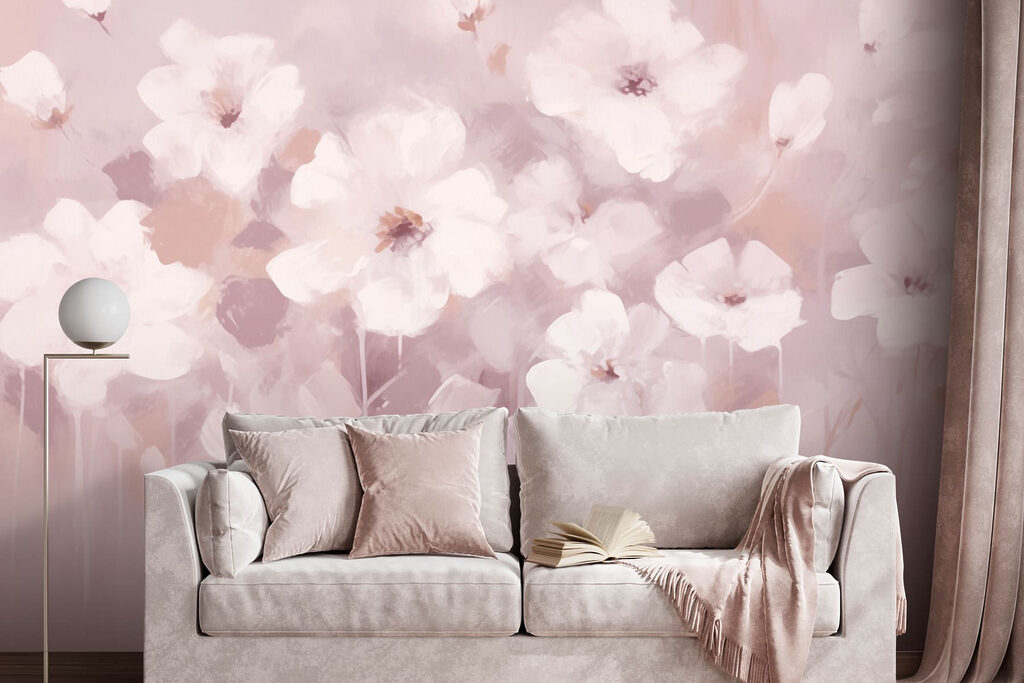 Witte bloemen boven kleurstrepen — interieur 2