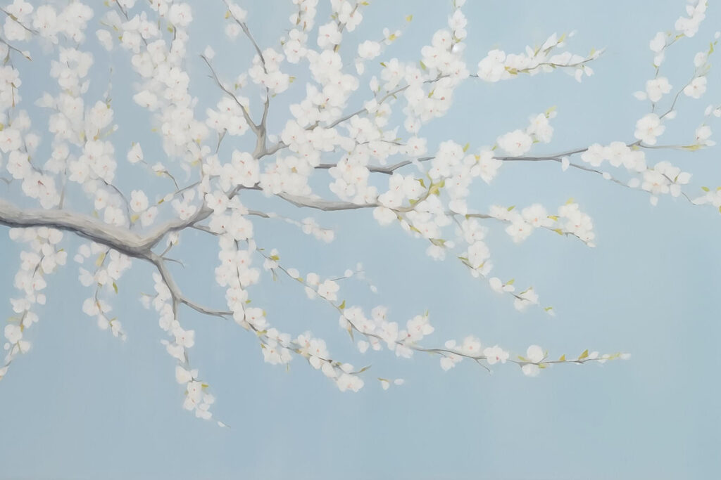 Witte bloesem op pastelblauw — volledig ontwerp