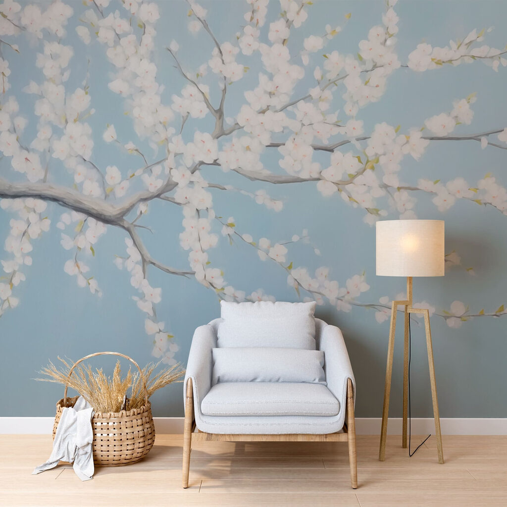 Witte bloesem op pastelblauw — interieur 1