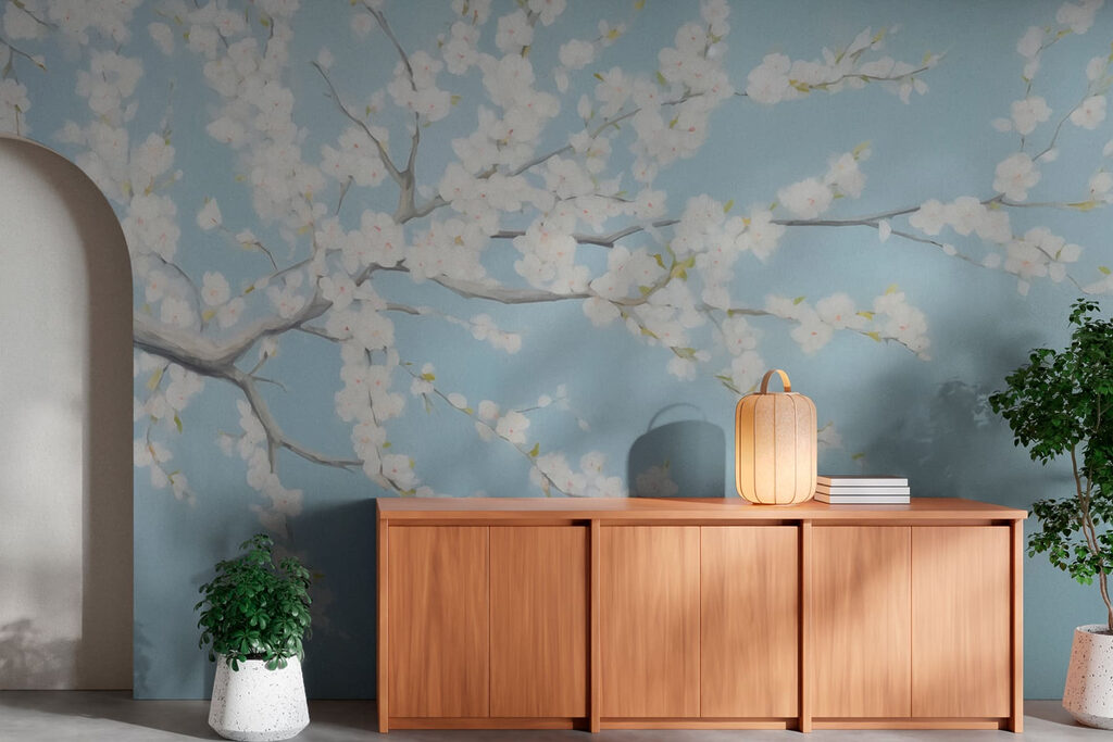 Witte bloesem op pastelblauw — interieur 2