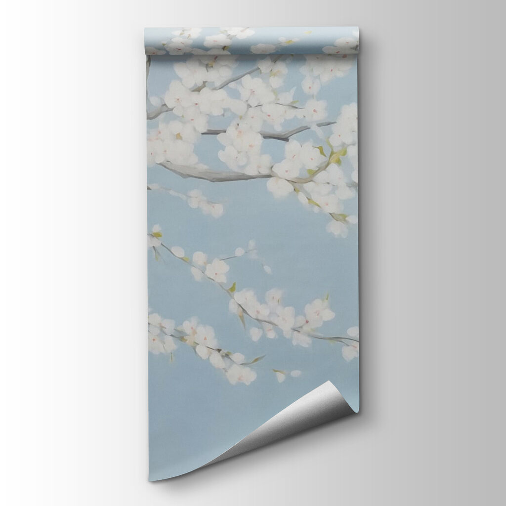 Witte bloesem op pastelblauw — productweergave