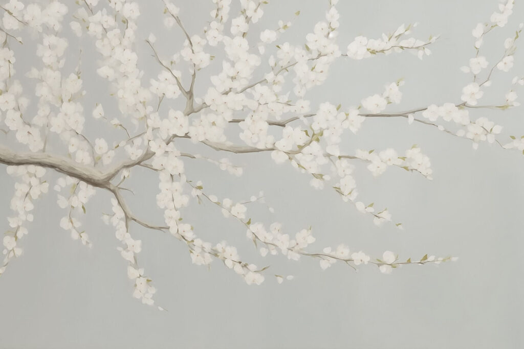 Schilderij van een boom met witte bloemen — volledig ontwerp