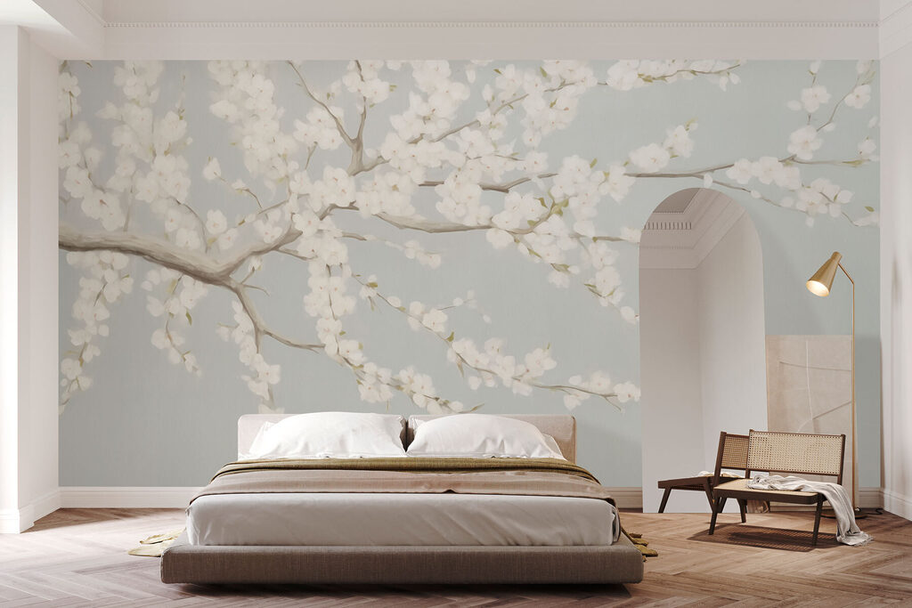 Schilderij van een boom met witte bloemen in een interieur