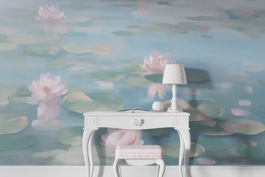 Roze waterlelies op lichtblauw — interieur 1