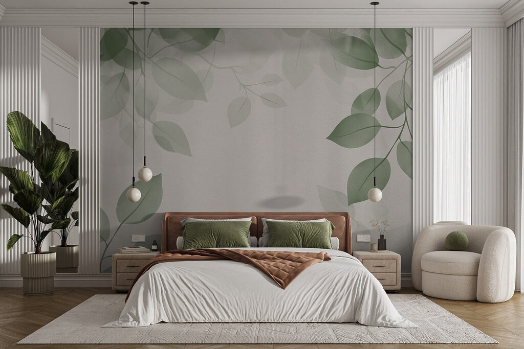 Groene bladeren op een witte achtergrond in een interieur