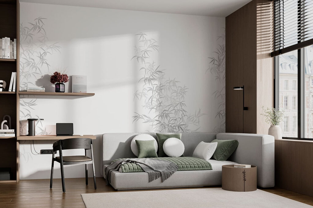 Witte achtergrond met bladeren in een interieur